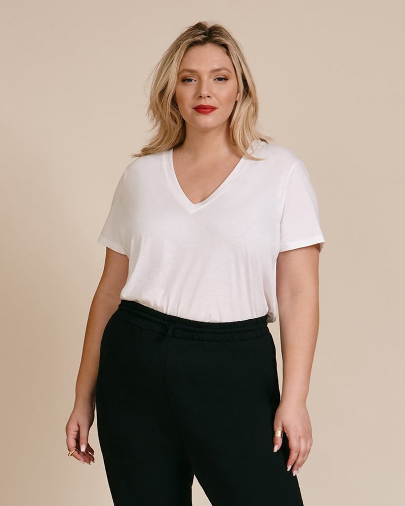 Front of a model wearing a size XL Essential V-Neck in WHITE by Vince. | dia_product_style_image_id:231089